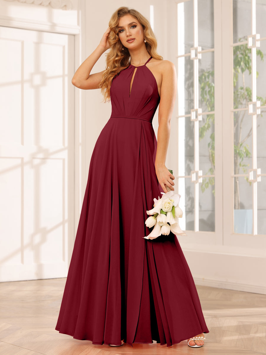 A-Line/Princess Halter Long Bridesmaid Dresses with Split Side Wine Red