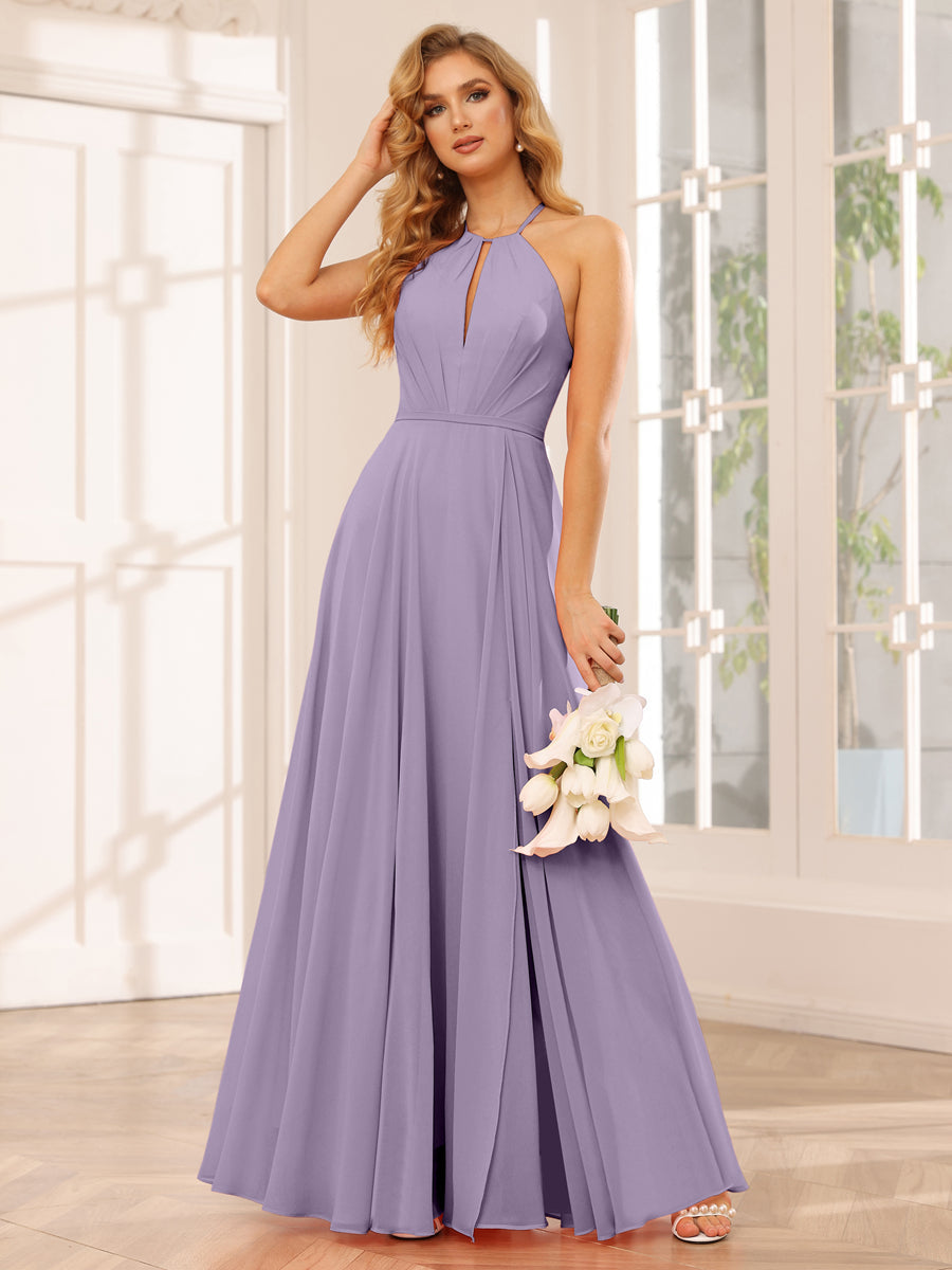A-Line/Princess Halter Long Bridesmaid Dresses with Split Side Wisteria
