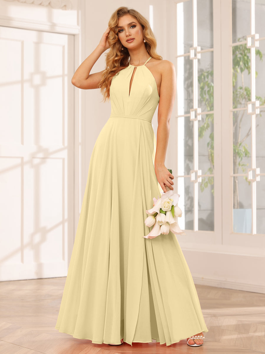 A-Line/Princess Halter Long Bridesmaid Dresses with Split Side Yellow