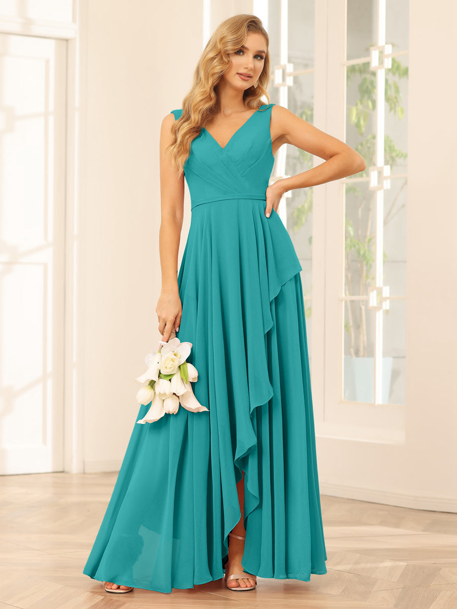 A-Line/Princess V-Neck Asymmetrical Bridesmaid Dresses with Ruffles Aqua Blue