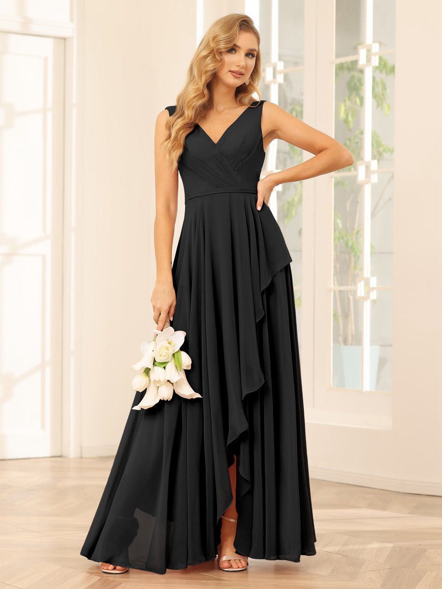 A-Line/Princess V-Neck Asymmetrical Bridesmaid Dresses with Ruffles Black