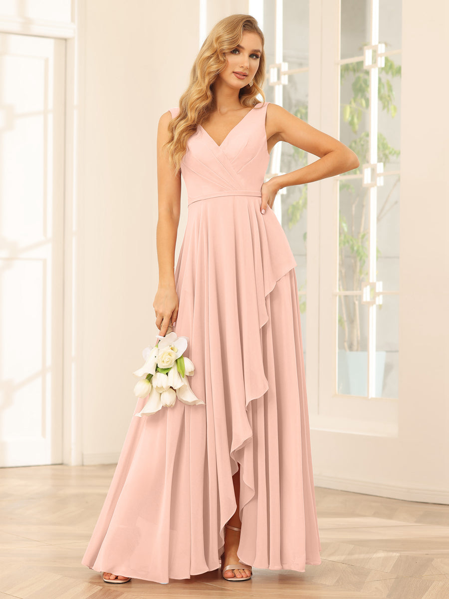 A-Line/Princess V-Neck Asymmetrical Bridesmaid Dresses with Ruffles Blush Pink