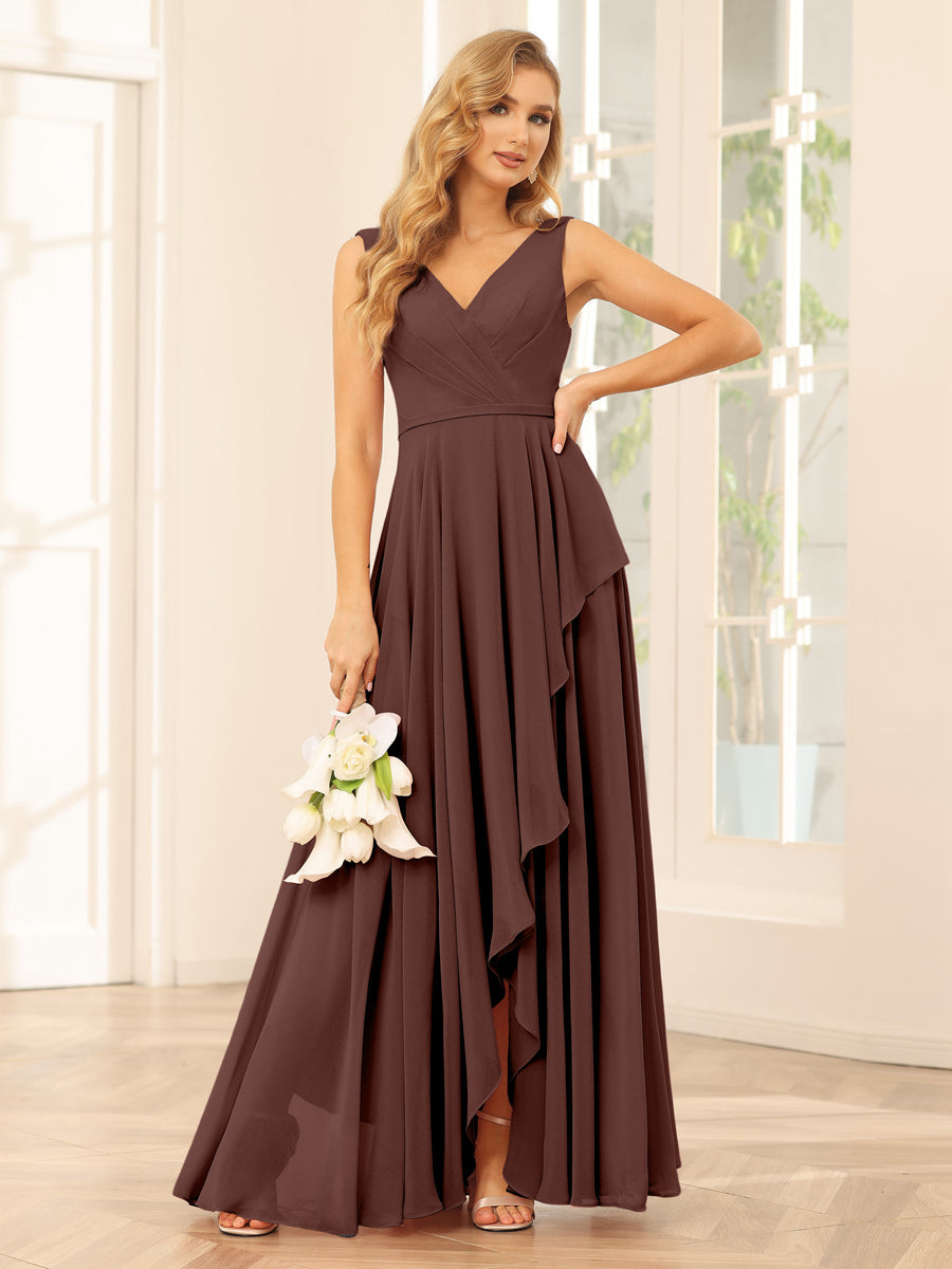 A-Line/Princess V-Neck Asymmetrical Bridesmaid Dresses with Ruffles Brown
