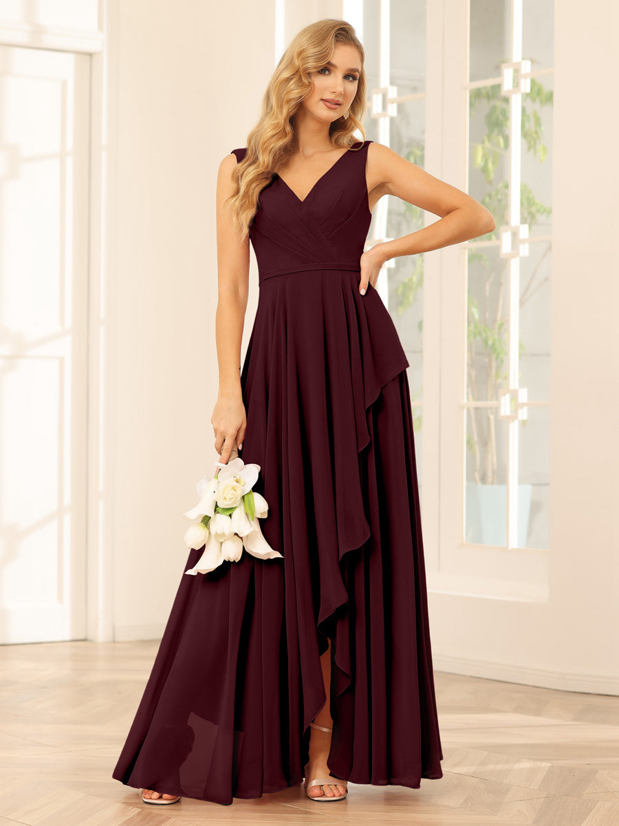 A-Line/Princess V-Neck Asymmetrical Bridesmaid Dresses with Ruffles Burgundy