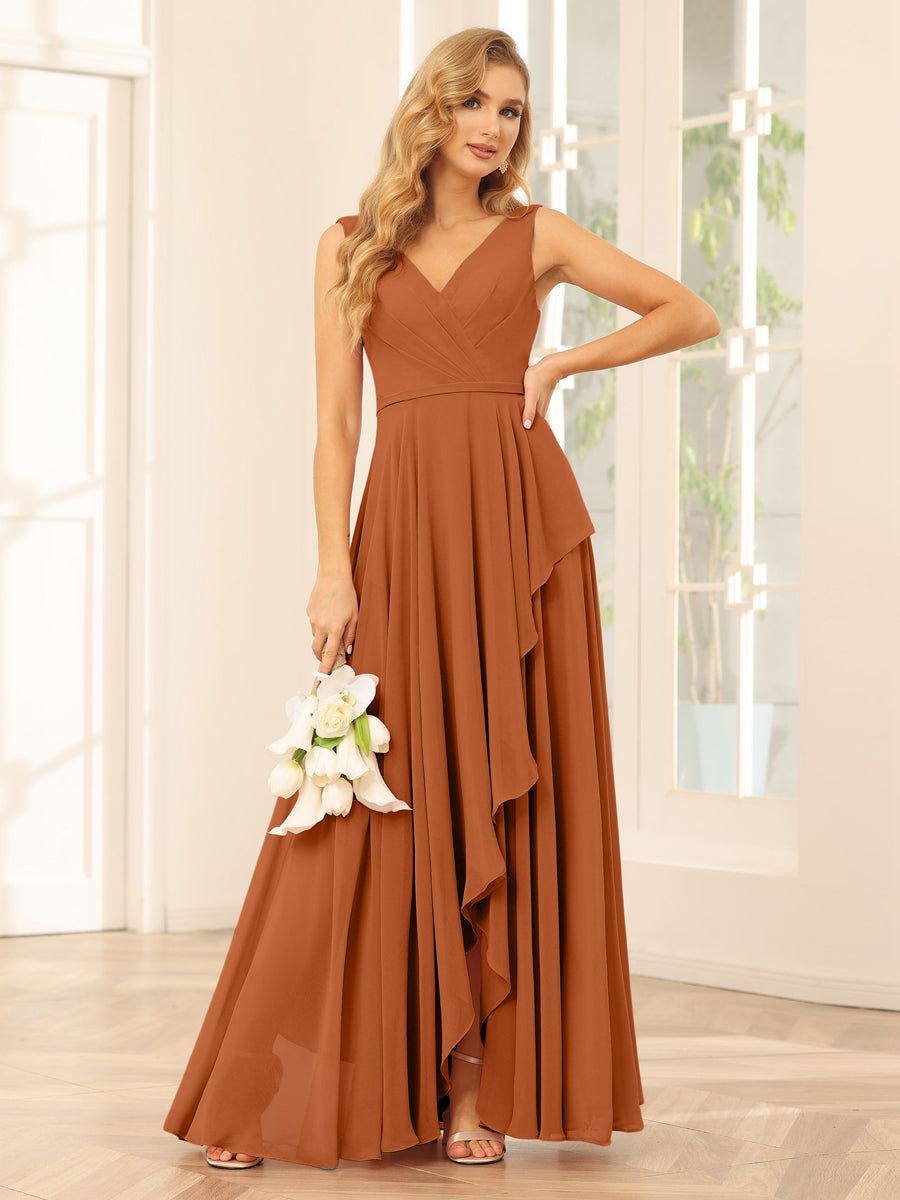 A-Line/Princess V-Neck Asymmetrical Bridesmaid Dresses with Ruffles Burnt Orange