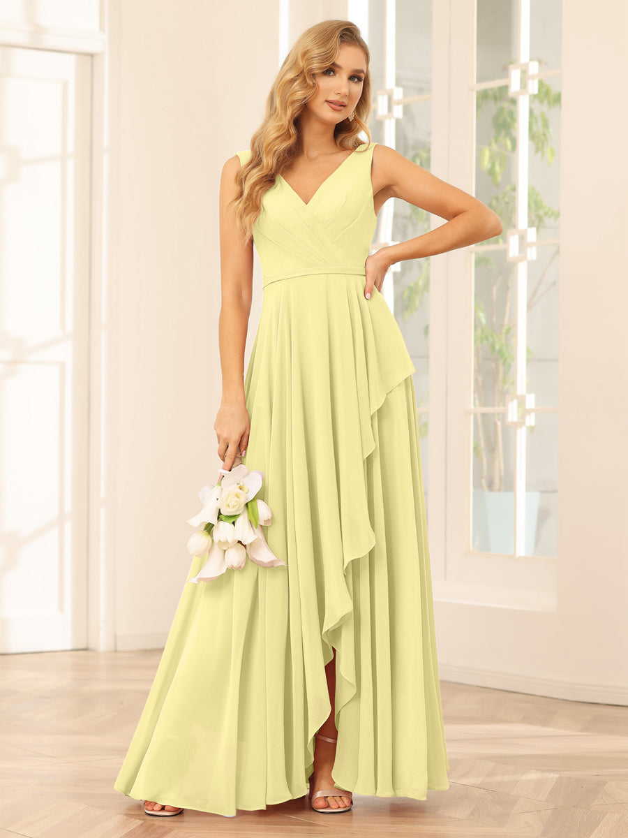 A-Line/Princess V-Neck Asymmetrical Bridesmaid Dresses with Ruffles Canary