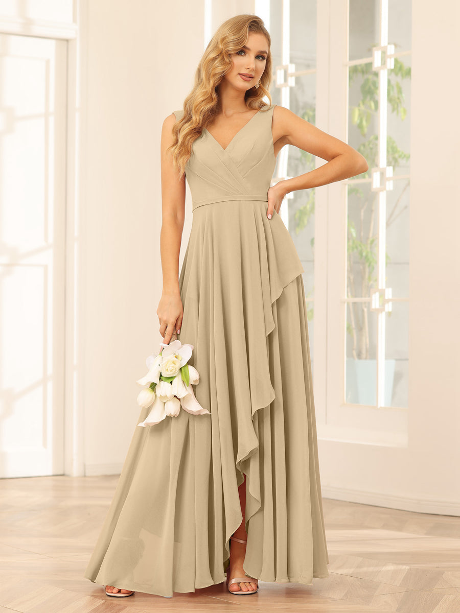 A-Line/Princess V-Neck Asymmetrical Bridesmaid Dresses with Ruffles Champagne