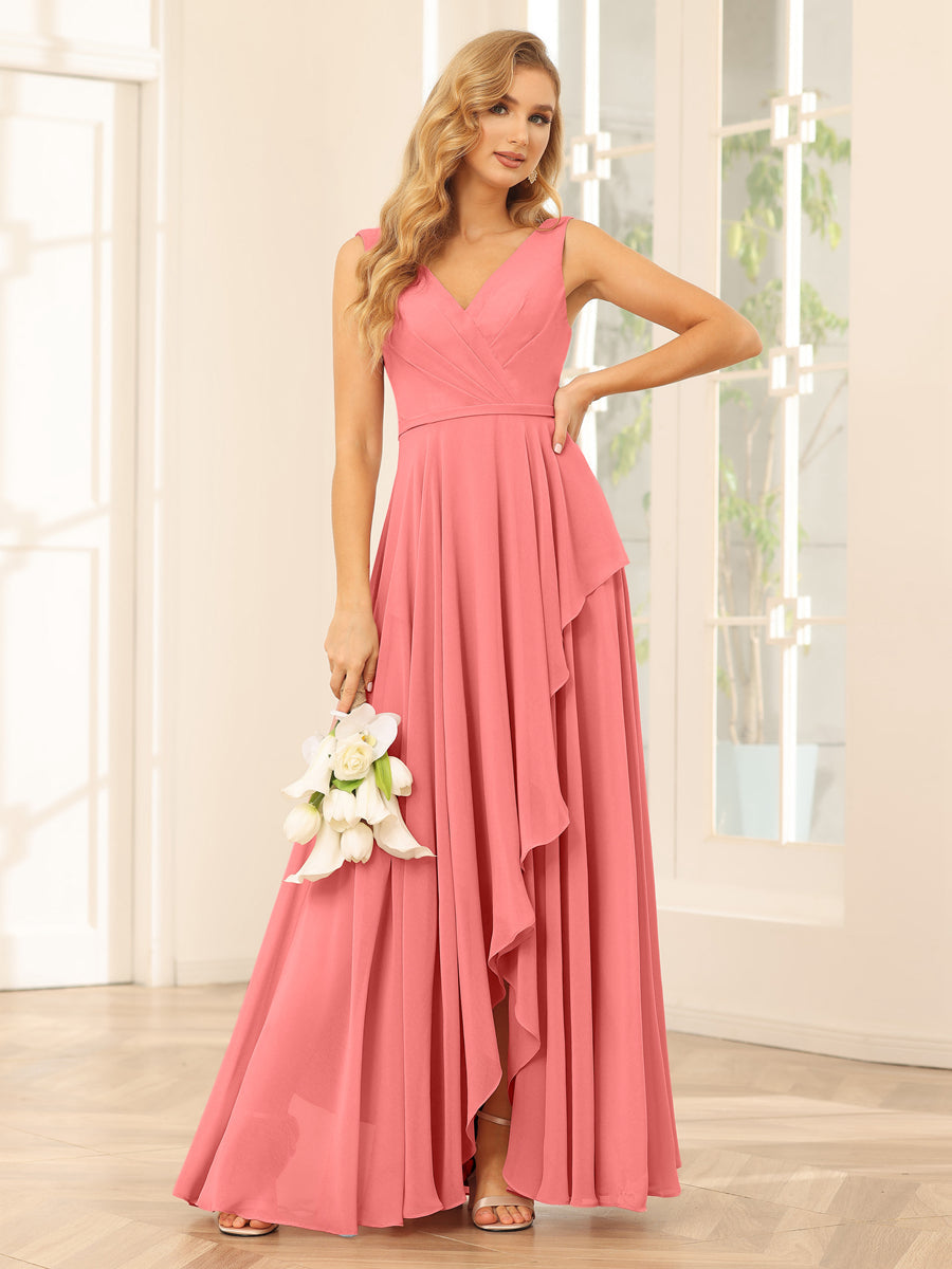 A-Line/Princess V-Neck Asymmetrical Bridesmaid Dresses with Ruffles Coral