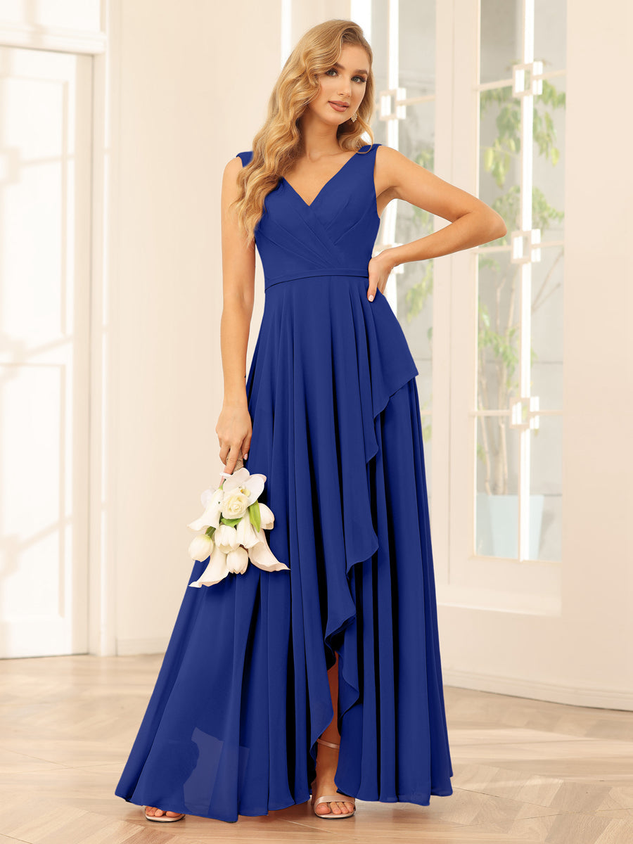 A-Line/Princess V-Neck Asymmetrical Bridesmaid Dresses with Ruffles Dark Royal Blue