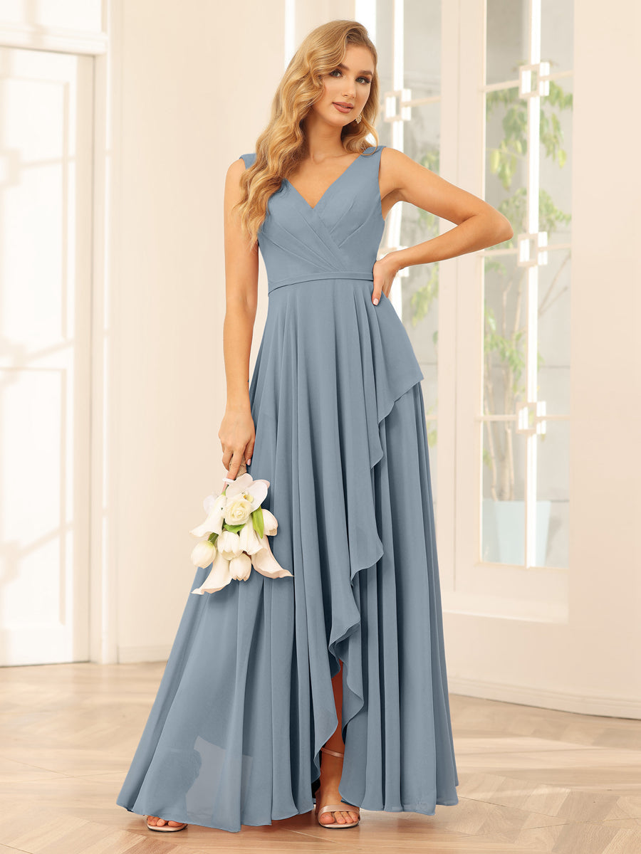 A-Line/Princess V-Neck Asymmetrical Bridesmaid Dresses with Ruffles Dusty Blue