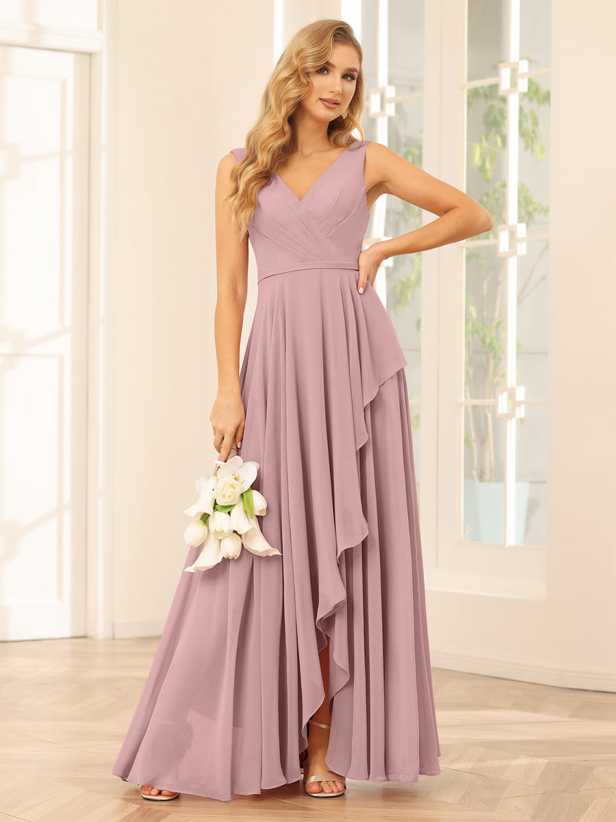 A-Line/Princess V-Neck Asymmetrical Bridesmaid Dresses with Ruffles Dusty Pink