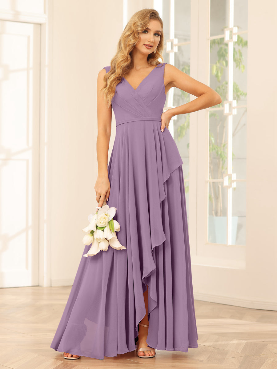 A-Line/Princess V-Neck Asymmetrical Bridesmaid Dresses with Ruffles Dusty Purple
