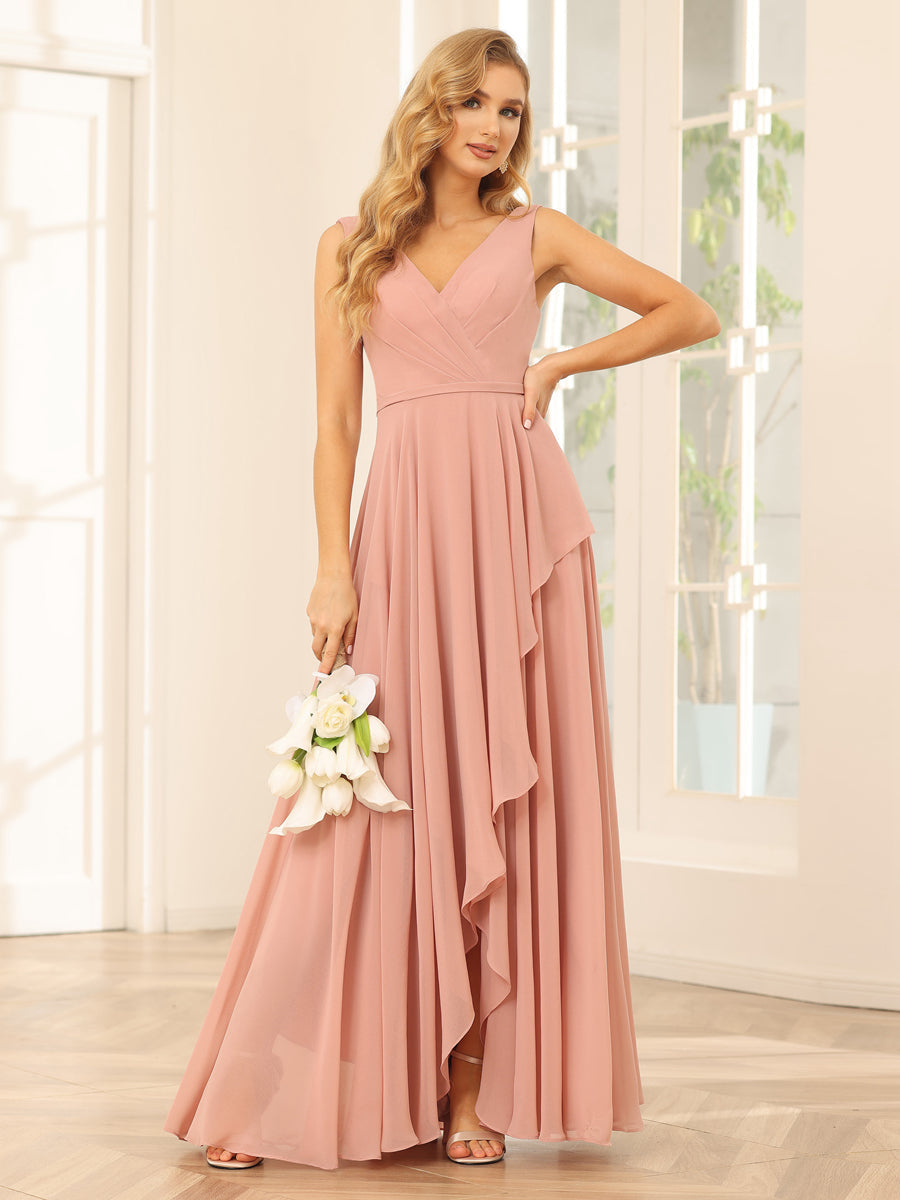 A-Line/Princess V-Neck Asymmetrical Bridesmaid Dresses with Ruffles Dusty Rose