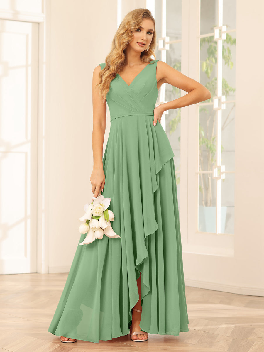 A-Line/Princess V-Neck Asymmetrical Bridesmaid Dresses with Ruffles Dusty Sage