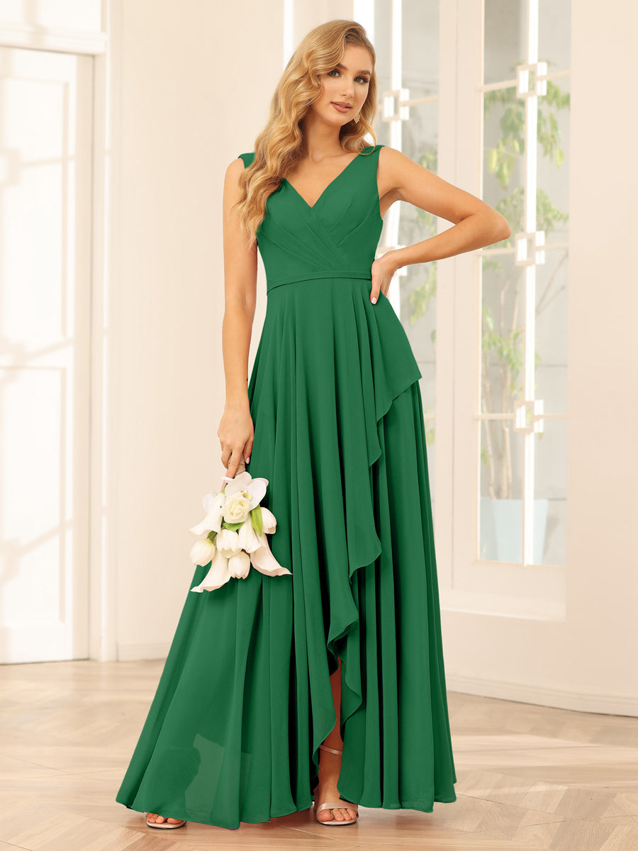 A-Line/Princess V-Neck Asymmetrical Bridesmaid Dresses with Ruffles Emerald