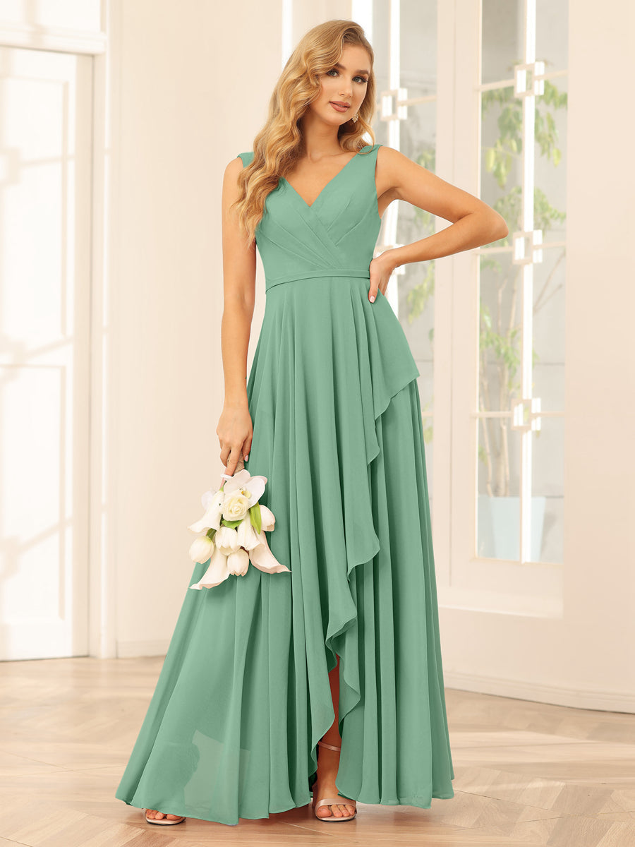 A-Line/Princess V-Neck Asymmetrical Bridesmaid Dresses with Ruffles Eucalyptus