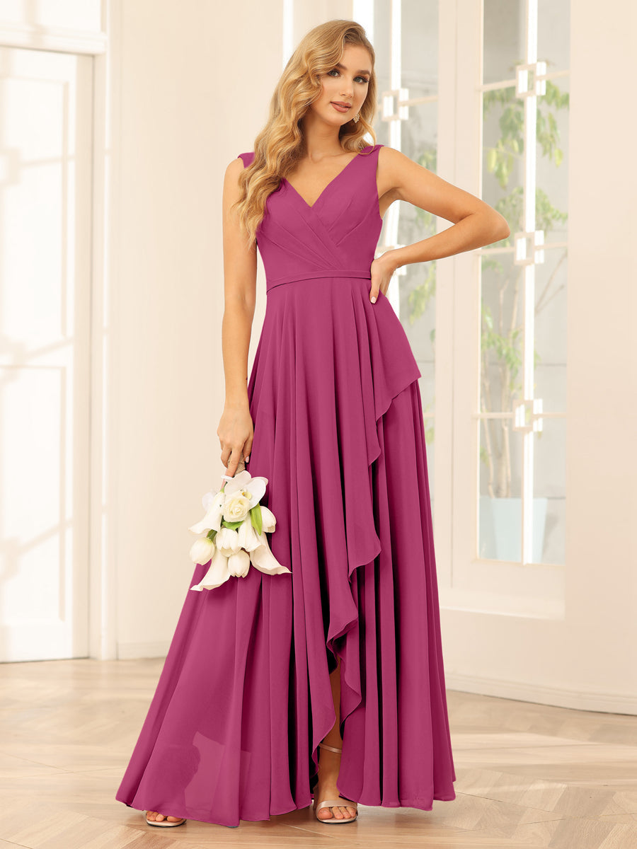 A-Line/Princess V-Neck Asymmetrical Bridesmaid Dresses with Ruffles Fuchsia