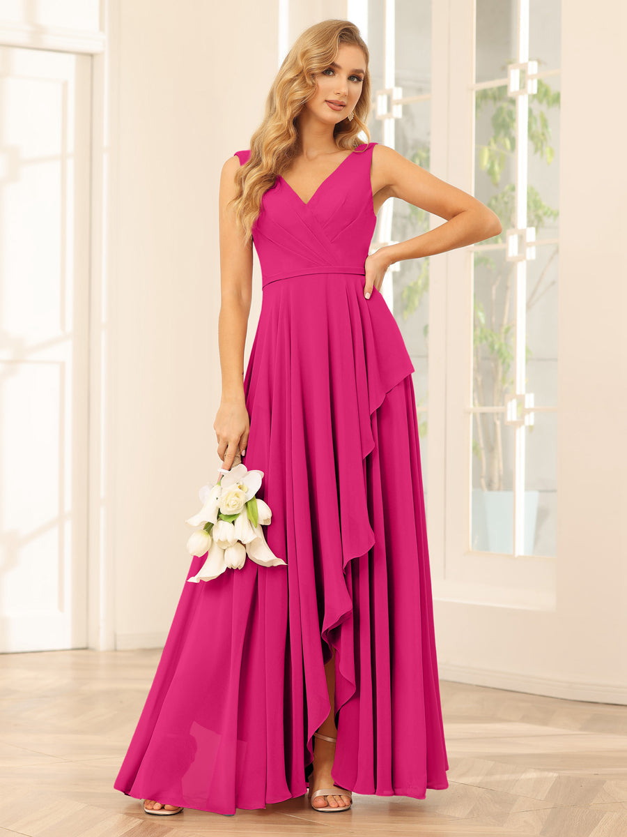 A-Line/Princess V-Neck Asymmetrical Bridesmaid Dresses with Ruffles Fuchsia Pink