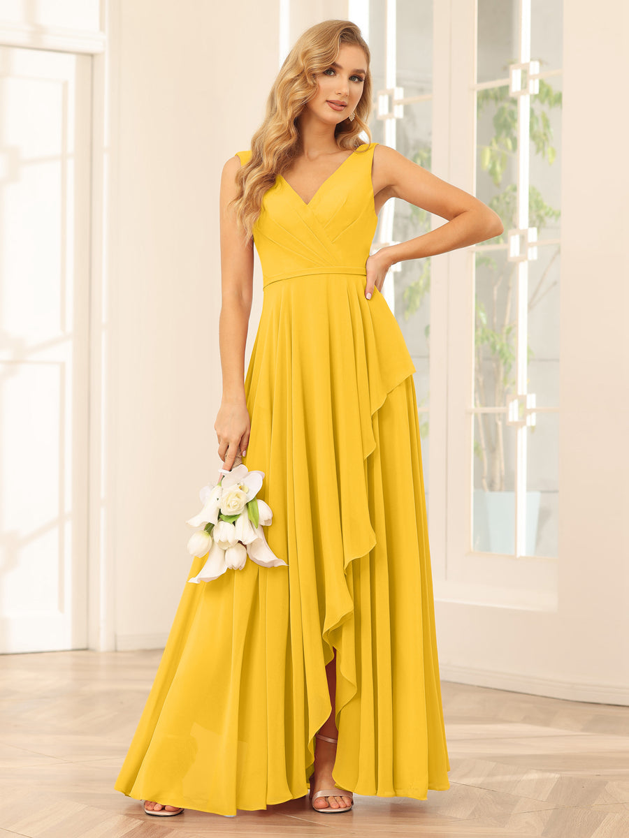 A-Line/Princess V-Neck Asymmetrical Bridesmaid Dresses with Ruffles Gold