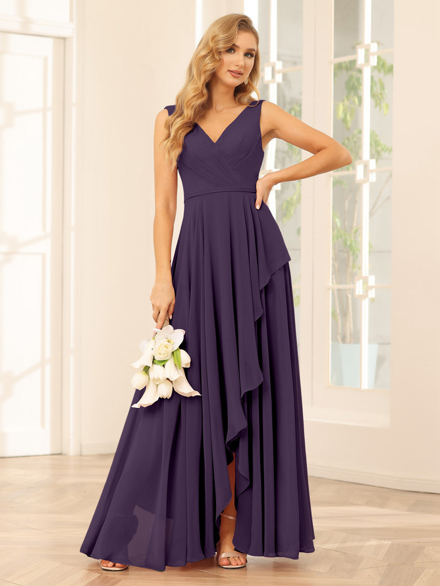 A-Line/Princess V-Neck Asymmetrical Bridesmaid Dresses with Ruffles Grape