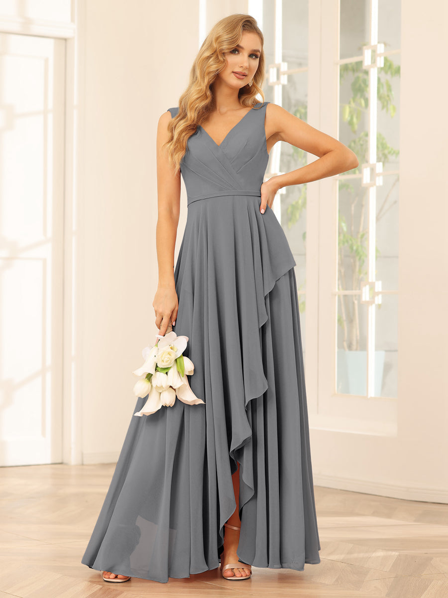 A-Line/Princess V-Neck Asymmetrical Bridesmaid Dresses with Ruffles Gray