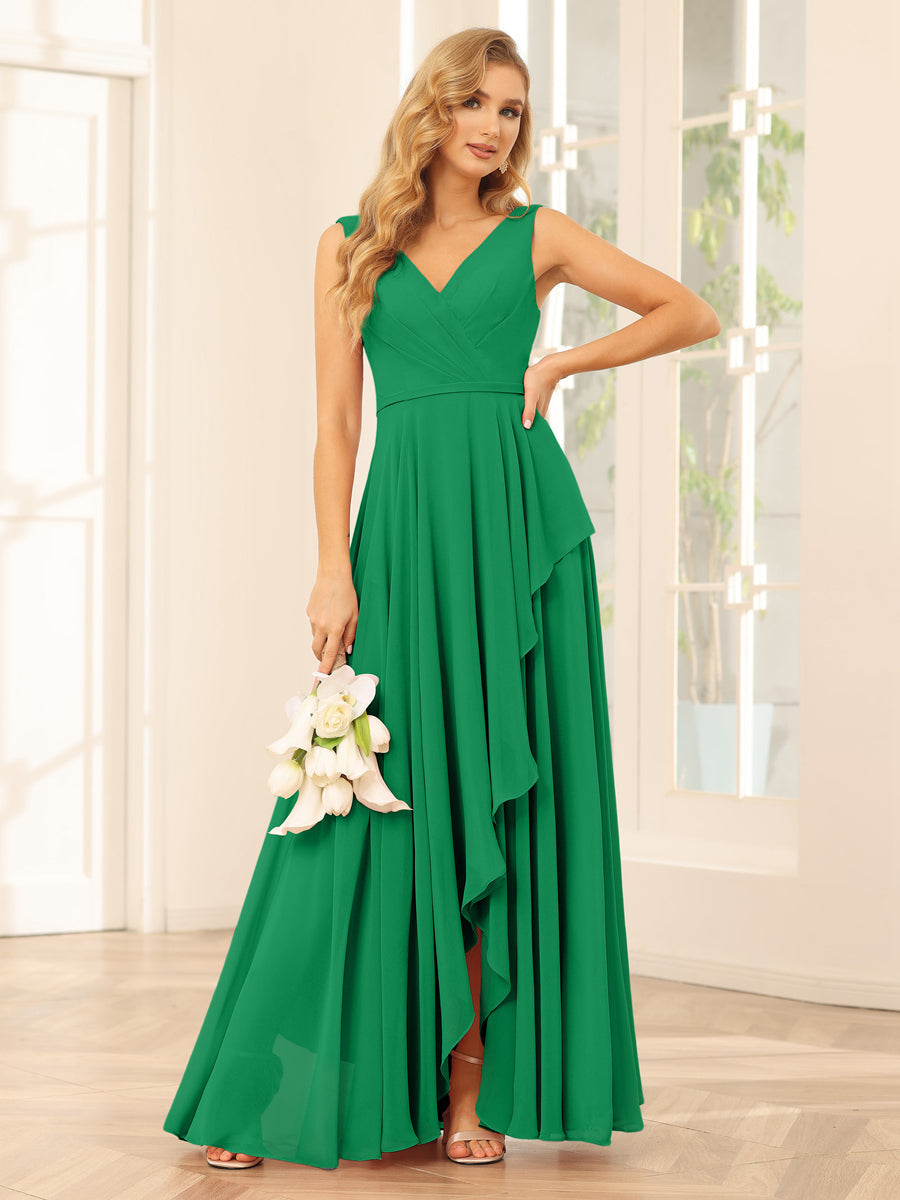 A-Line/Princess V-Neck Asymmetrical Bridesmaid Dresses with Ruffles Green