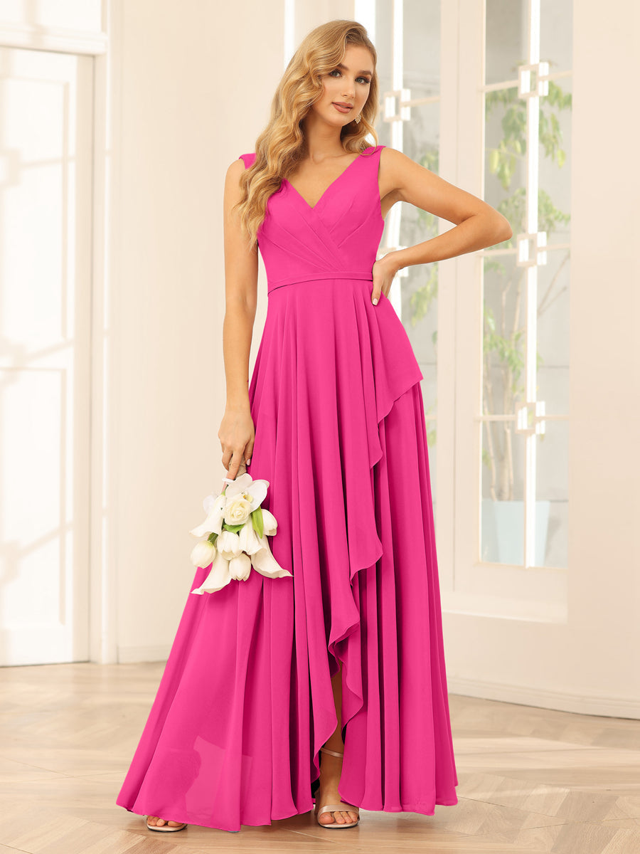 A-Line/Princess V-Neck Asymmetrical Bridesmaid Dresses with Ruffles Hot Pink