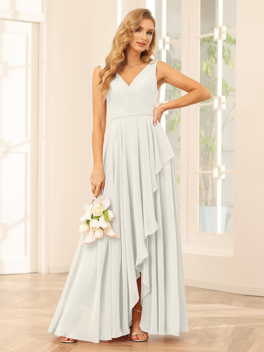 A-Line/Princess V-Neck Asymmetrical Bridesmaid Dresses with Ruffles Ivory