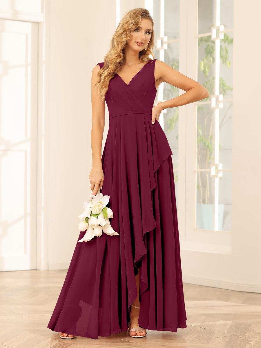 A-Line/Princess V-Neck Asymmetrical Bridesmaid Dresses with Ruffles Light Burgundy