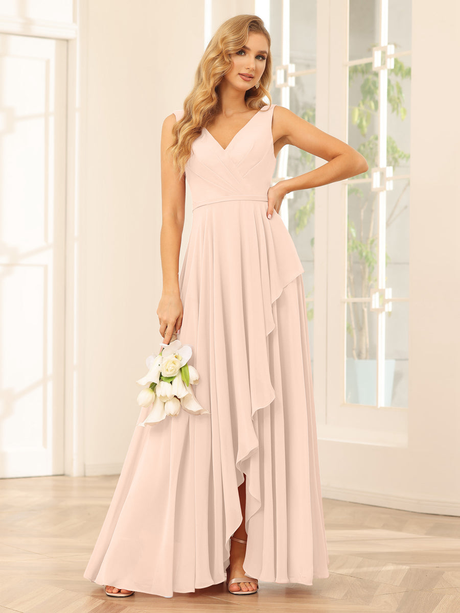 A-Line/Princess V-Neck Asymmetrical Bridesmaid Dresses with Ruffles Light Champagne