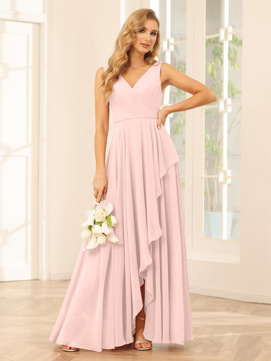A-Line/Princess V-Neck Asymmetrical Bridesmaid Dresses with Ruffles Light Pink
