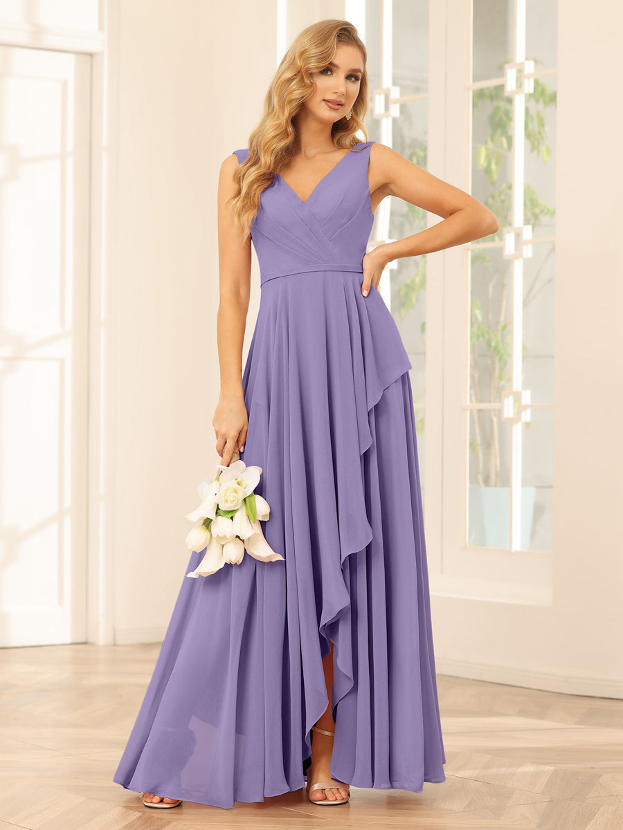 A-Line/Princess V-Neck Asymmetrical Bridesmaid Dresses with Ruffles Light Purple