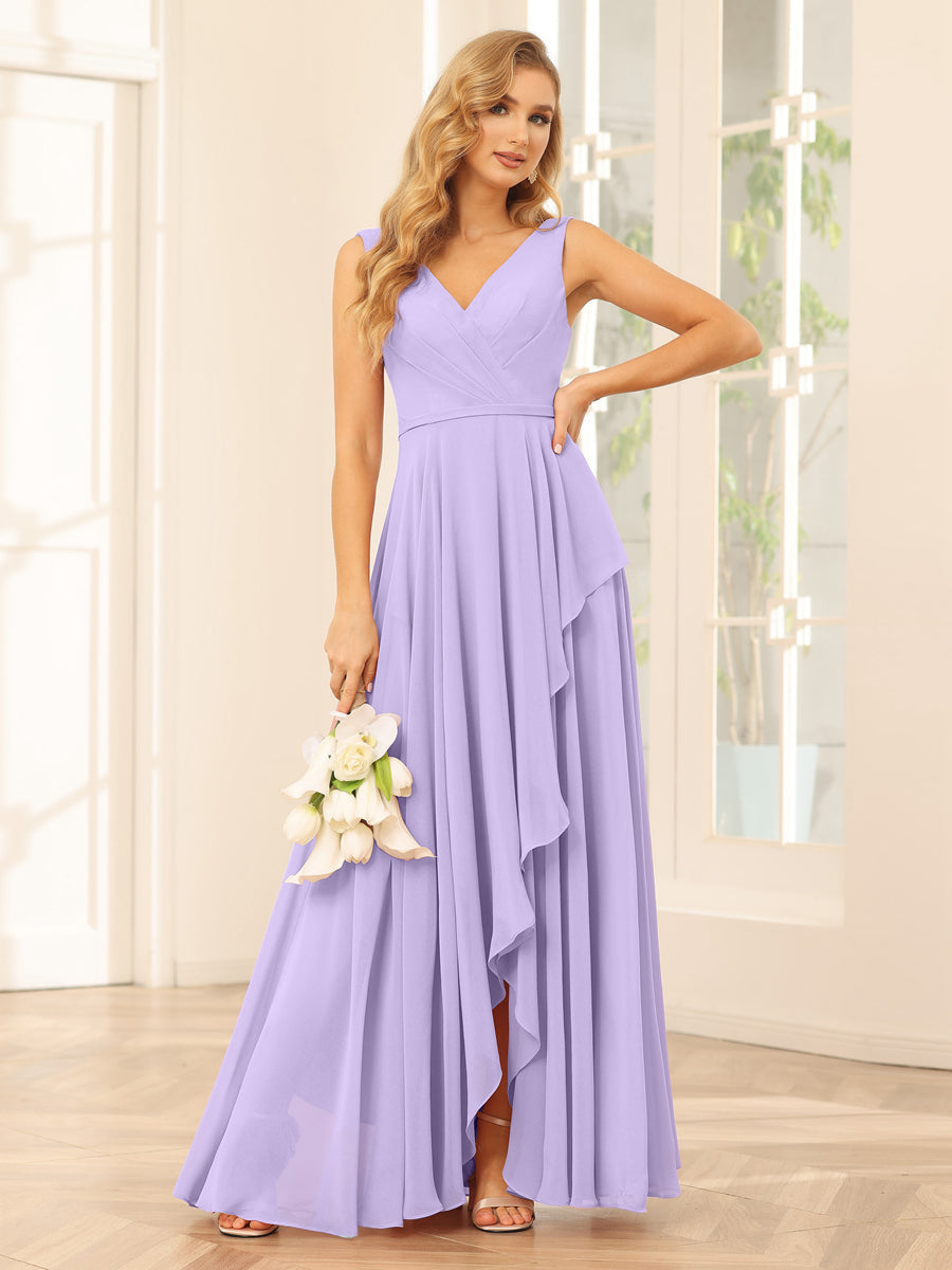 A-Line/Princess V-Neck Asymmetrical Bridesmaid Dresses with Ruffles Lilac