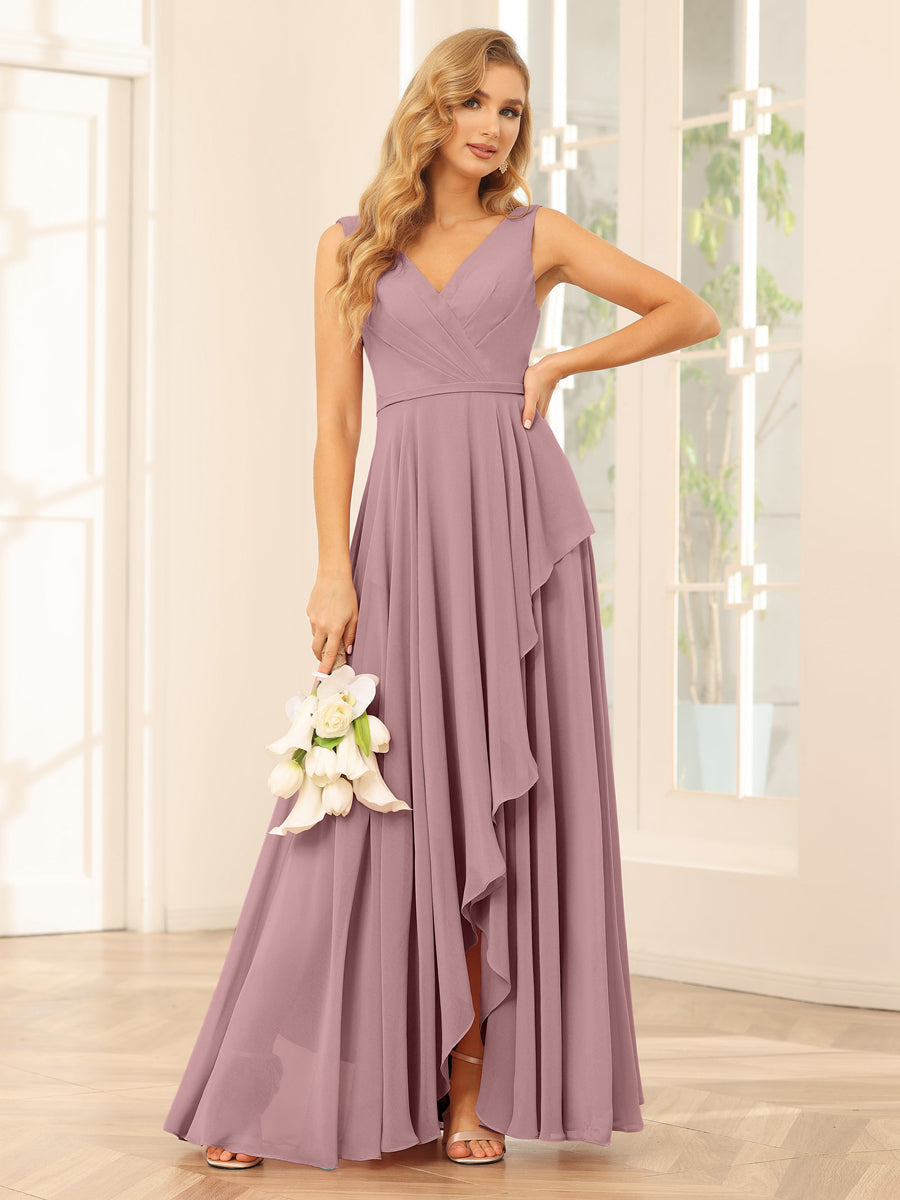 A-Line/Princess V-Neck Asymmetrical Bridesmaid Dresses with Ruffles Mauve