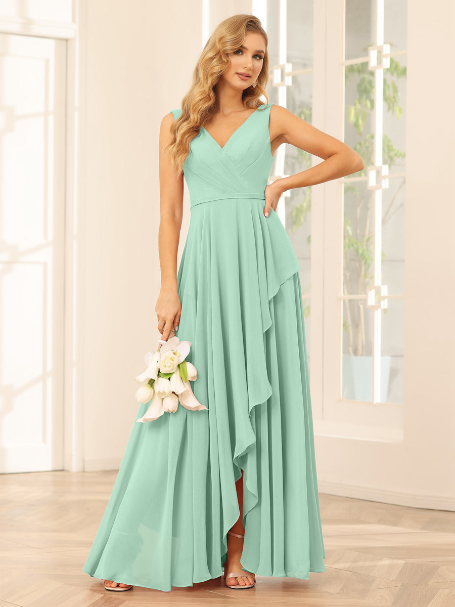 A-Line/Princess V-Neck Asymmetrical Bridesmaid Dresses with Ruffles Mint Green