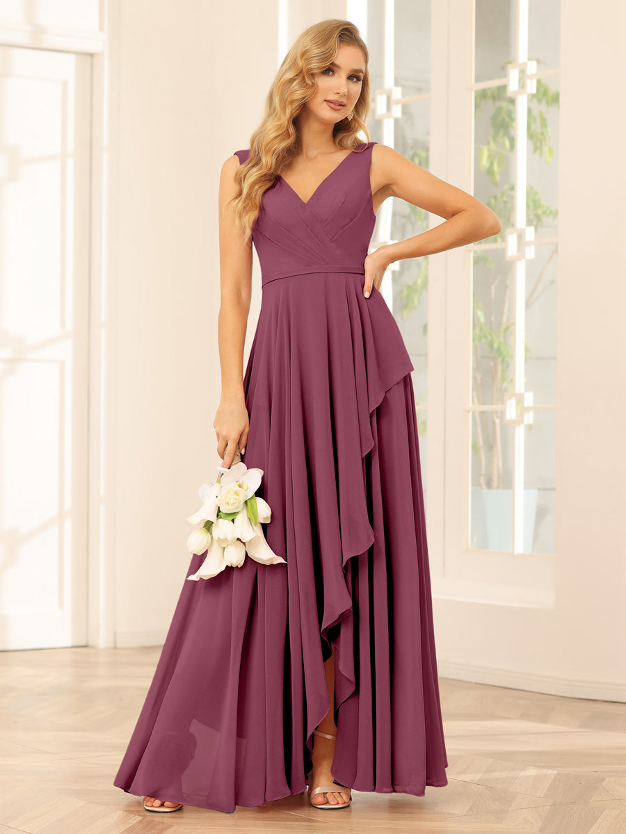 A-Line/Princess V-Neck Asymmetrical Bridesmaid Dresses with Ruffles Mulberry