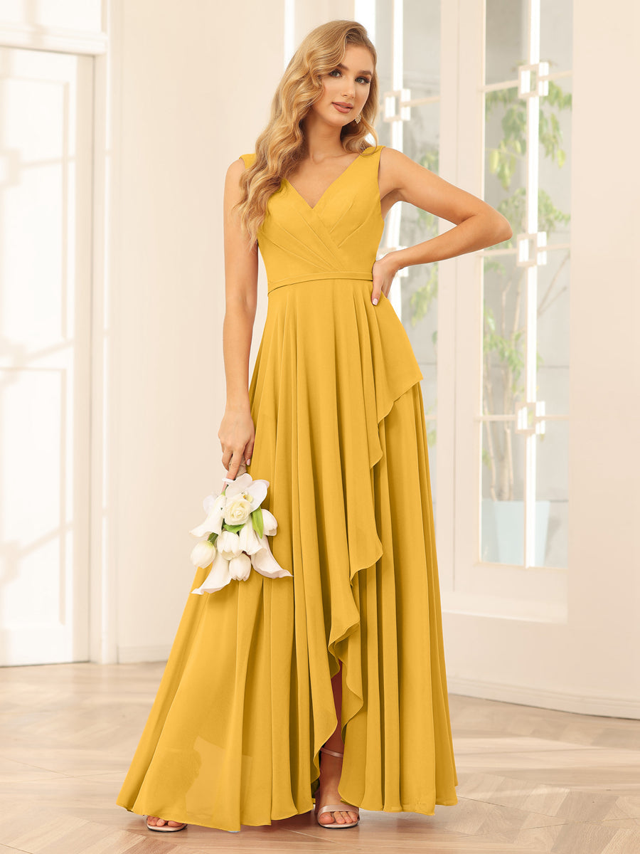 A-Line/Princess V-Neck Asymmetrical Bridesmaid Dresses with Ruffles Mustard Yellow