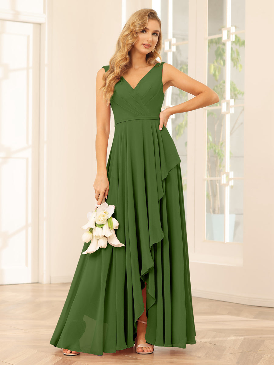A-Line/Princess V-Neck Asymmetrical Bridesmaid Dresses with Ruffles Olive Green
