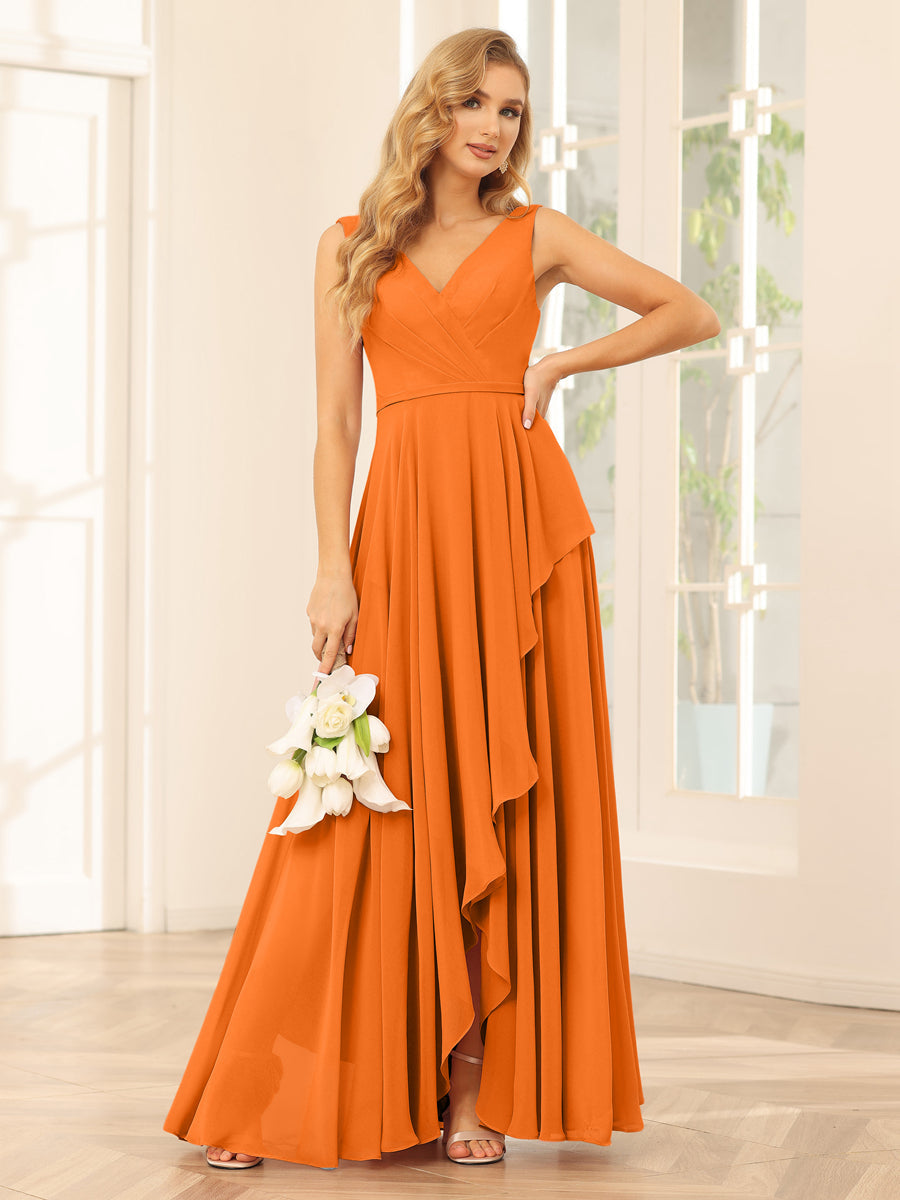 A-Line/Princess V-Neck Asymmetrical Bridesmaid Dresses with Ruffles Orange