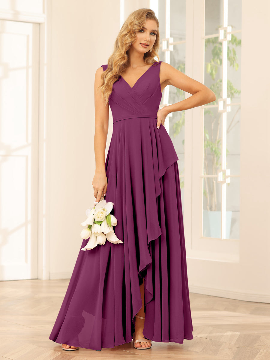 A-Line/Princess V-Neck Asymmetrical Bridesmaid Dresses with Ruffles Orchid