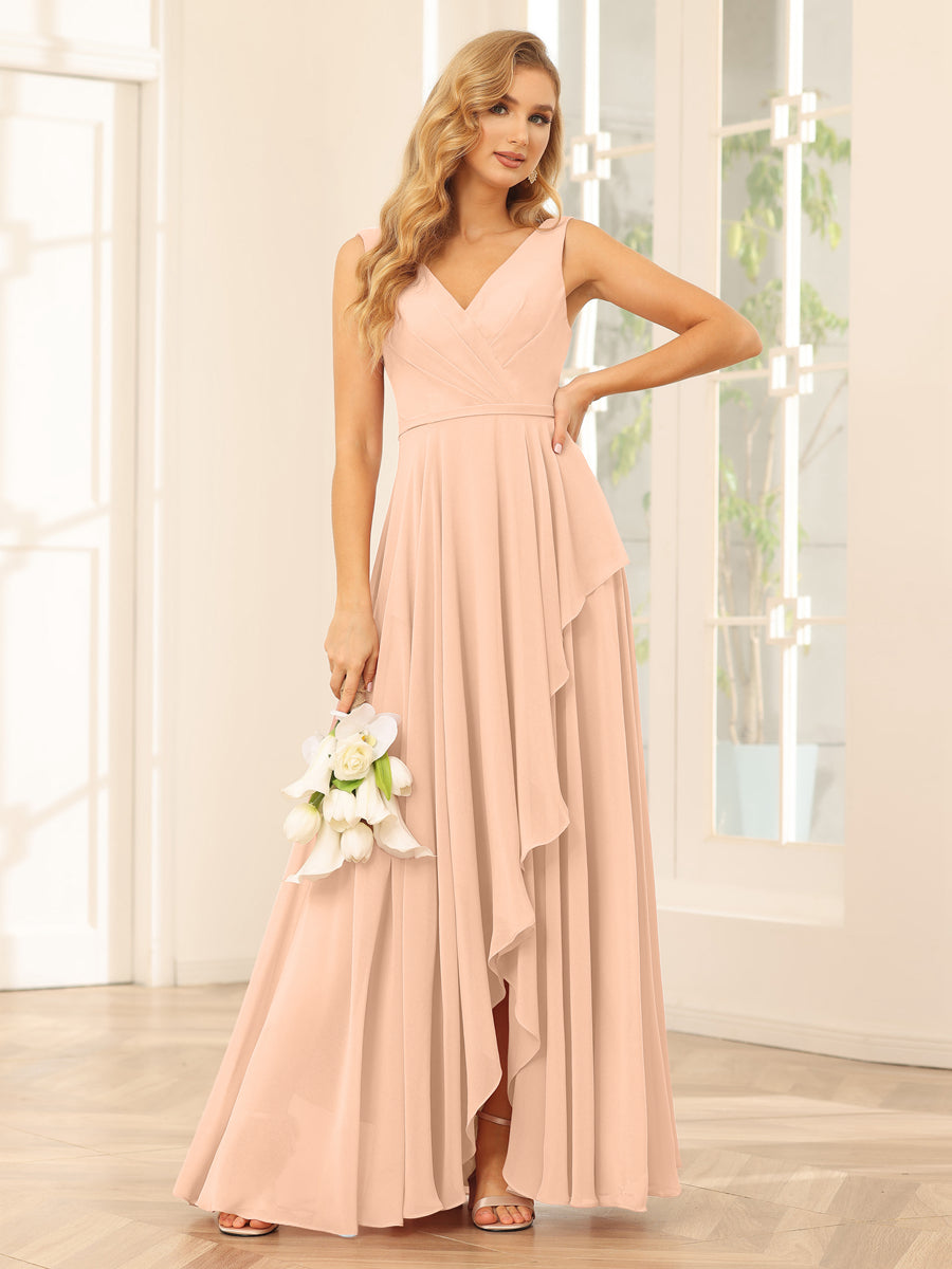 A-Line/Princess V-Neck Asymmetrical Bridesmaid Dresses with Ruffles Peach Pink