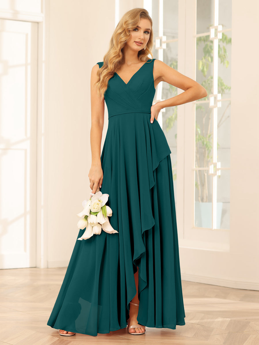 A-Line/Princess V-Neck Asymmetrical Bridesmaid Dresses with Ruffles Peacock