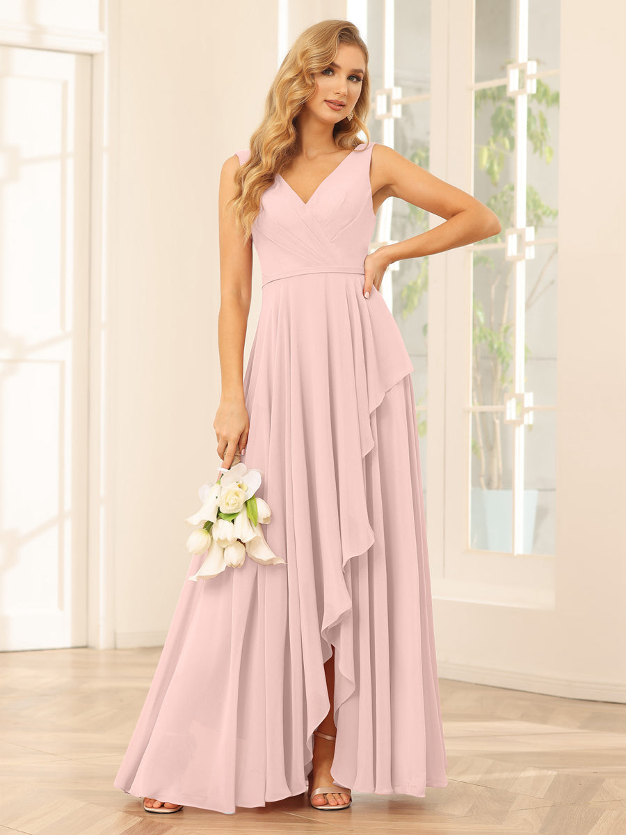 A-Line/Princess V-Neck Asymmetrical Bridesmaid Dresses with Ruffles Pearl Pink