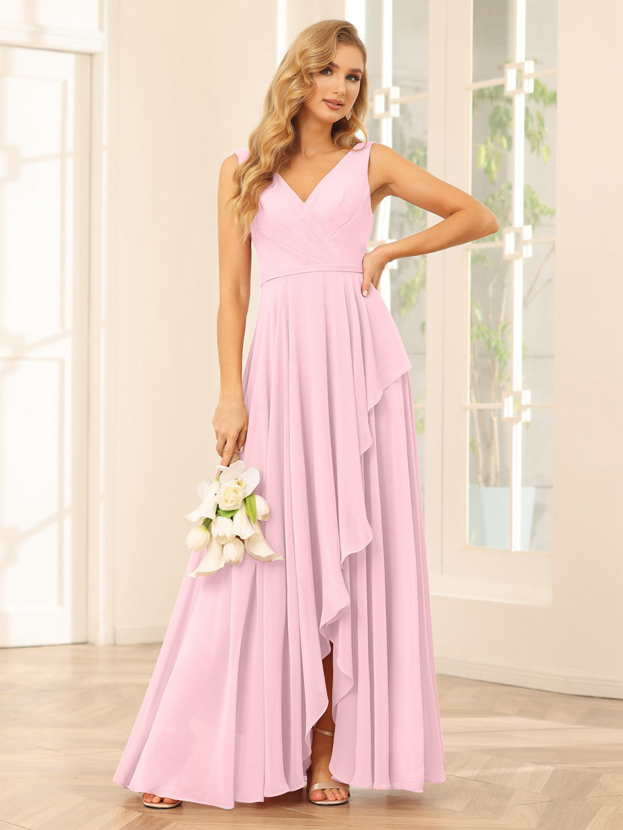 A-Line/Princess V-Neck Asymmetrical Bridesmaid Dresses with Ruffles Pink