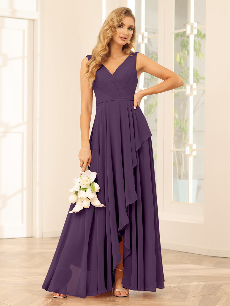 A-Line/Princess V-Neck Asymmetrical Bridesmaid Dresses with Ruffles Plum