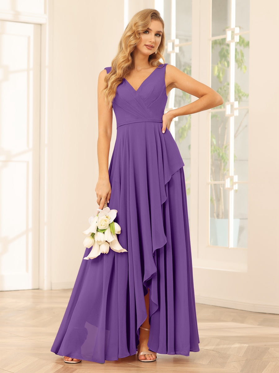 A-Line/Princess V-Neck Asymmetrical Bridesmaid Dresses with Ruffles Purple