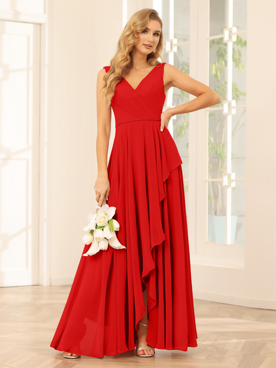 A-Line/Princess V-Neck Asymmetrical Bridesmaid Dresses with Ruffles Red