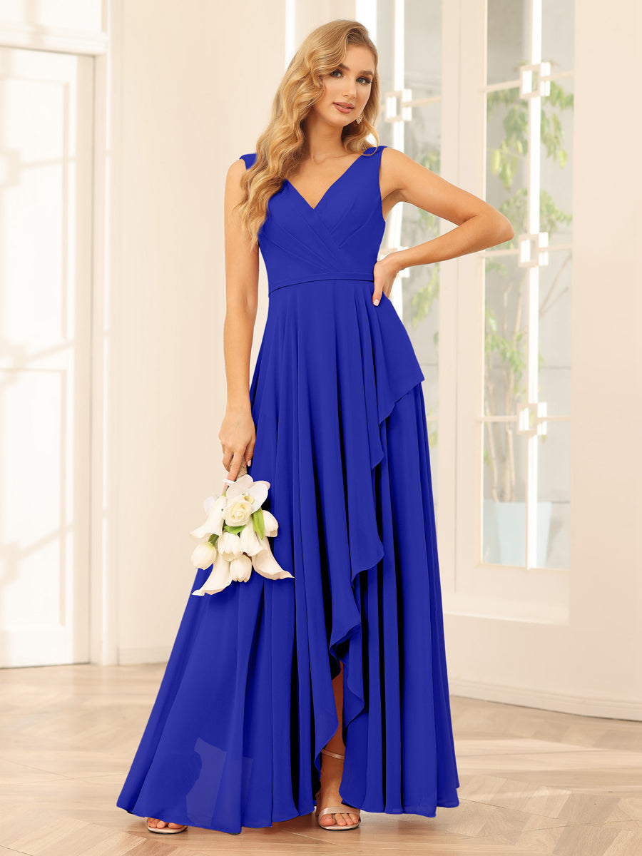 A-Line/Princess V-Neck Asymmetrical Bridesmaid Dresses with Ruffles Royal Blue