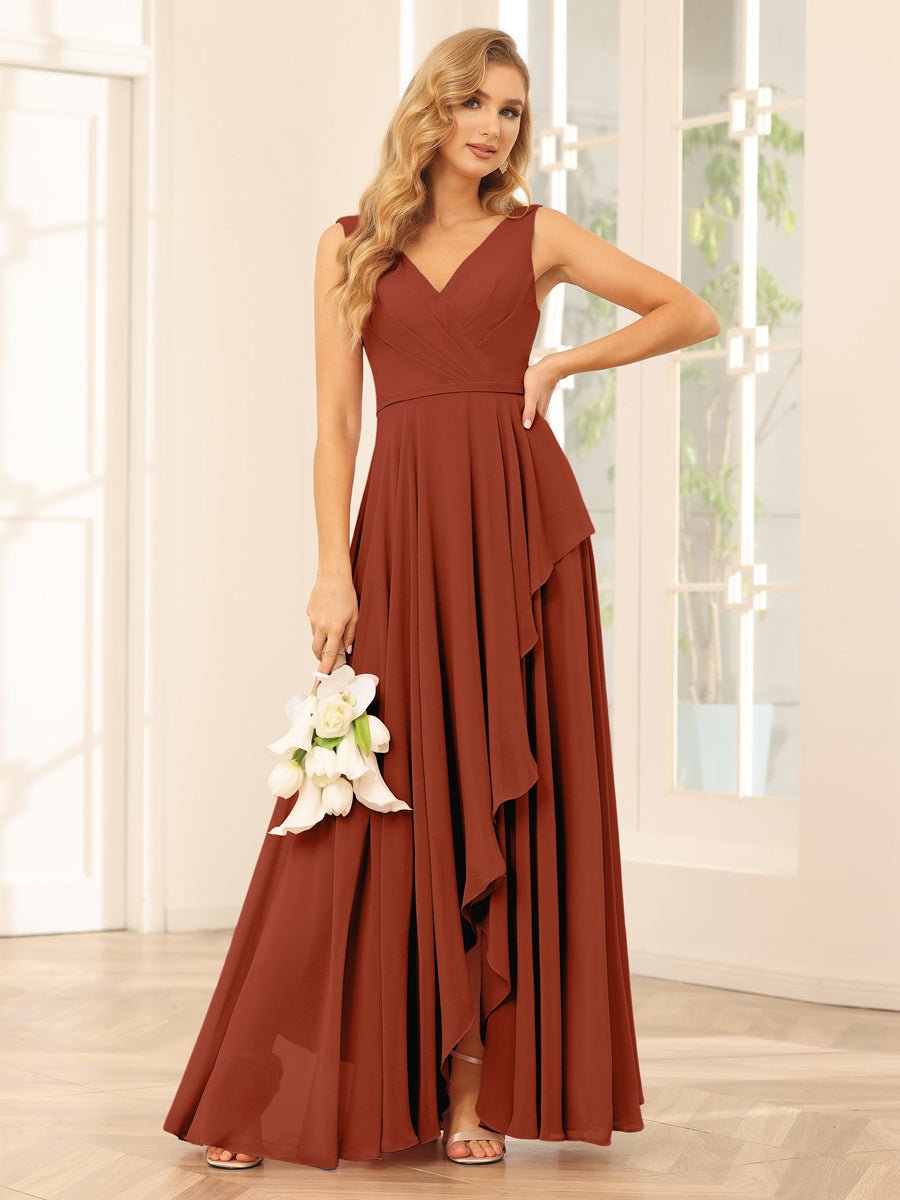 A-Line/Princess V-Neck Asymmetrical Bridesmaid Dresses with Ruffles Rust