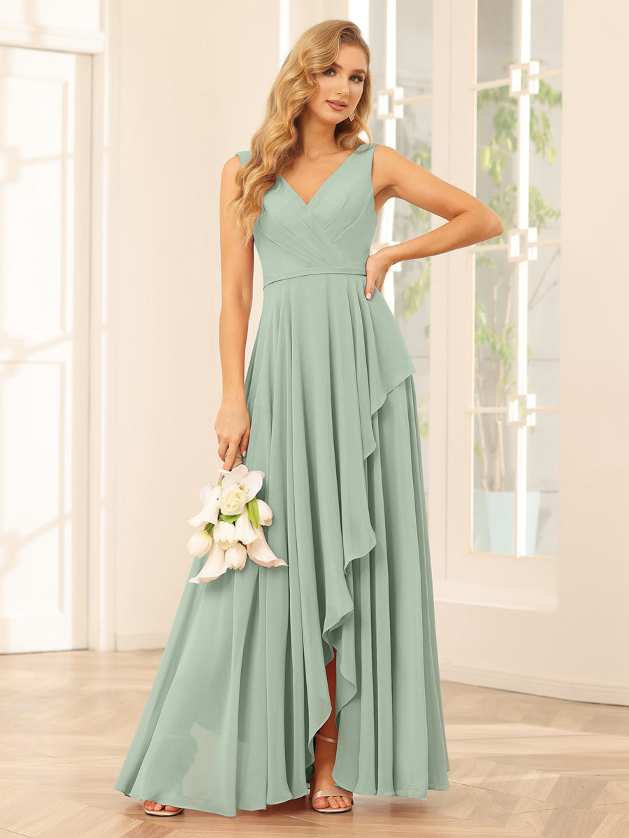 A-Line/Princess V-Neck Asymmetrical Bridesmaid Dresses with Ruffles Sage
